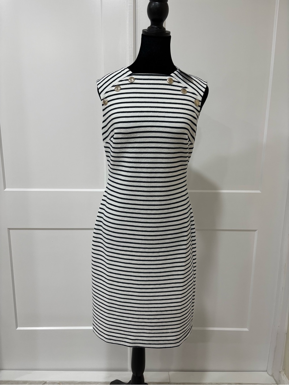 Tommy Hilfiger Black and White Striped Sleeveless Midi Dress with Gold Buttons